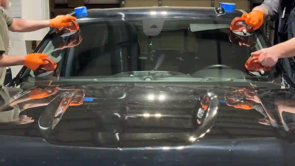 Orange-gloved hands setting a windshield using suction cups