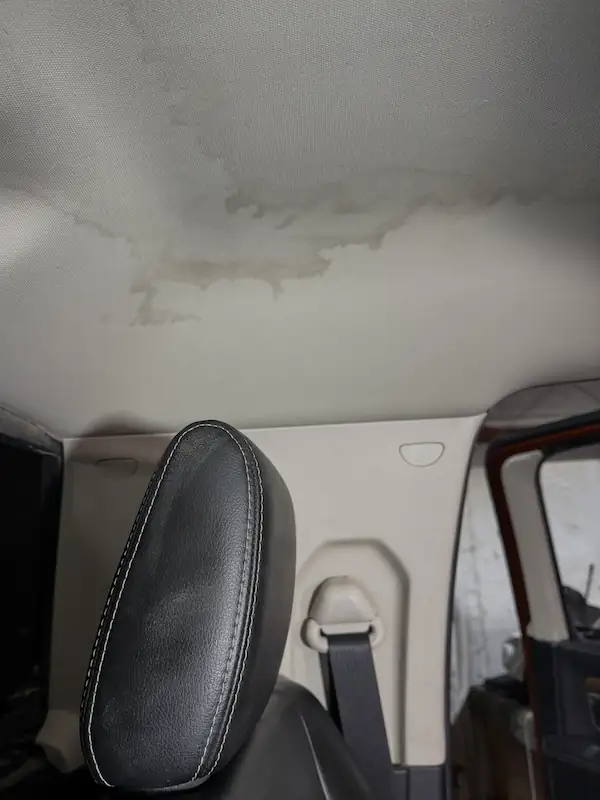 Water stain on pickup truck headliner fabric — first sign of active water intrusion.