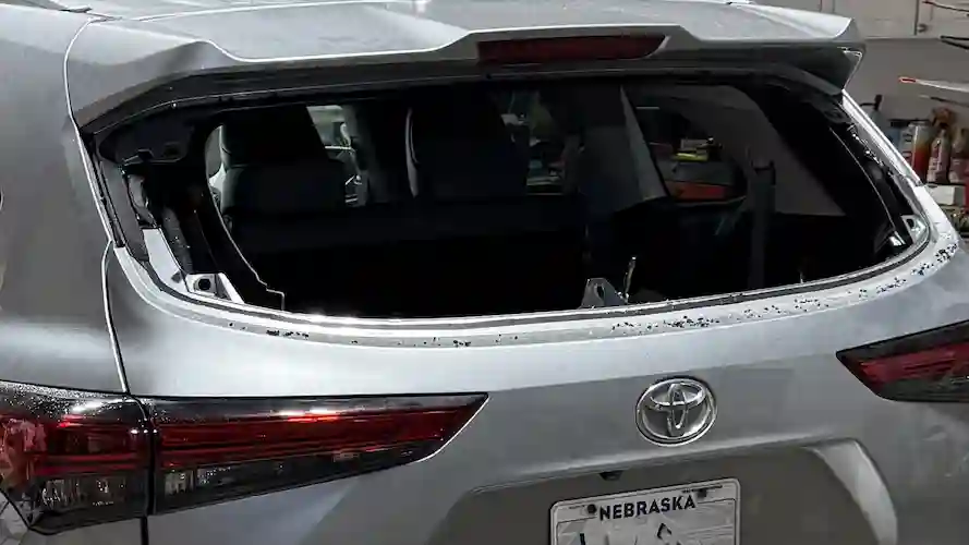 Broken rear glass on a Toyota in Omaha before replacement at 123 Glass Company